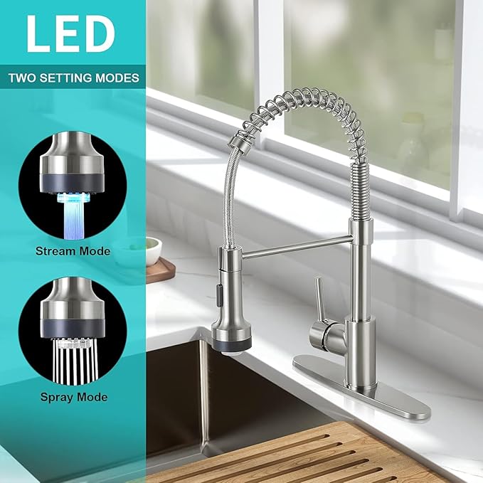 DJS Kitchen Faucets with Pull Down Sprayer Brushed Nickel LED Light Single Handle 1 or 3 Holes Spring Kitchen Sink Faucet with Deck Plate for Farmhouse RV Vessel Basin