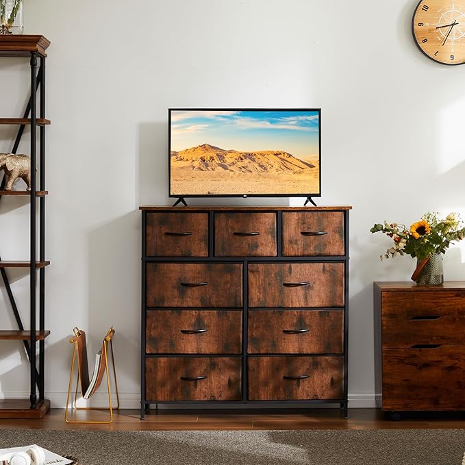Dresser for Bedroom with 9 Drawers, Anti-Tip Tall Fabric Chests Storage Organizer Tower Furniture with Wooden Top Metal Frame for Clothes, Closet, Living Room, Hallway, Entryway