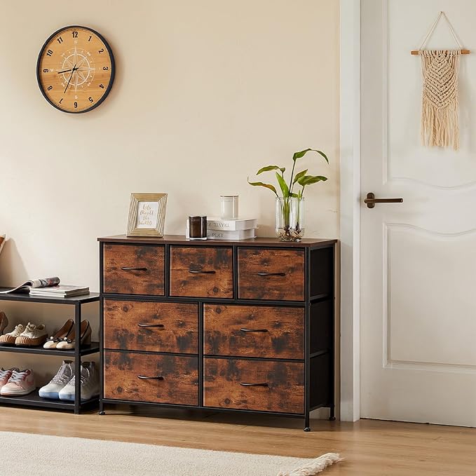 Dresser for Bedroom with 7 Drawers, Anti-Tip Wide Fabric Chests Storage Organizer Tower Furniture, TV Stand for TV up to 45 inch with Wooden Top Metal Frame for Clothes, Living Room, Hallway, Entryway