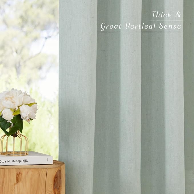 NICETOWN Thick Linen Blend Curtains Flax Textured for Bedroom, Rustic Grommet Semi Sheer Privacy Added Window Curtains & Drapes Light Filtering for Nursery, Sage Green, W42 x L63, Set of 2