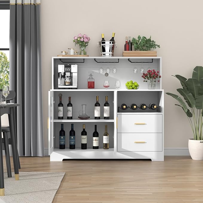 Bar Cabinet for Home with LED Light, Coffee Bar Cabinet with Wine & Glass Rack, Wine Cabinets with Storage Cabinet &Drawers, Modern Liquor Cabinets for Kitchen, Living Room, Dining Room (White)