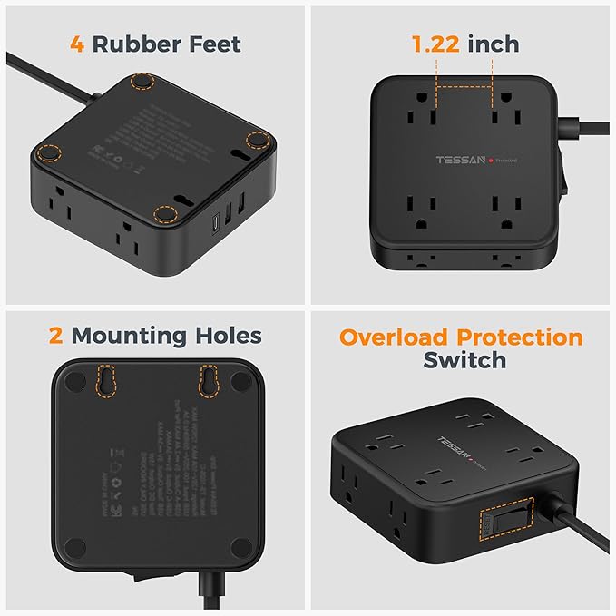 TESSAN Surge Protector Power Strip, 10 Ft Flat Plug Extension Cord with 3 USB (1 USB C) 8 Outlets, 1250W, 900J Protection, 3 Sided Outlet Extender with Power Switch for Office, Dorm Room, Black