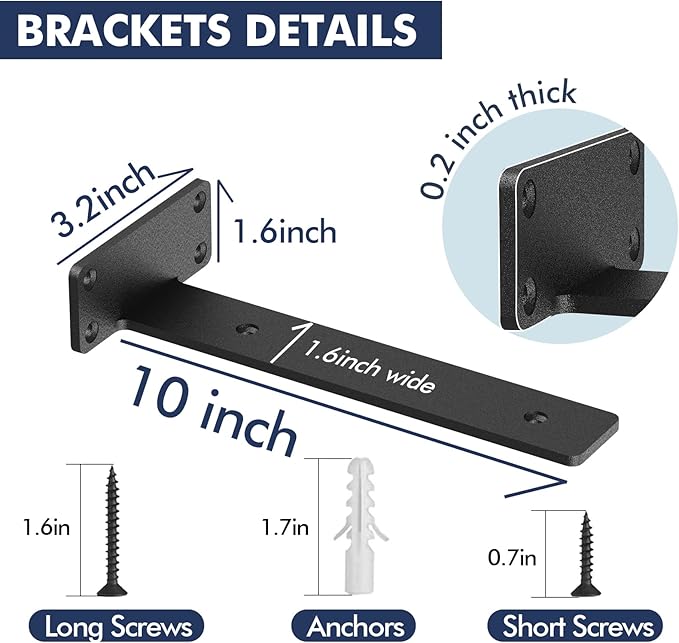 6 Pack Floating Shelf Brackets, 10 inch Heavy Duty Industrial Shelf Bracket, Black Metal L Brackets for Shelves Support DIY(1/5 Inch Thicked)