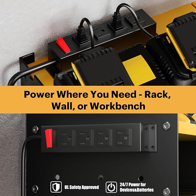 Large Power Tool Organizer Wall Mount with Charging Station, 3 Layer Heavy Duty Metal Tool Storage Rack Loads 420lbs with 6 Cordless Drill Holder, Utility Rack Loads with 4 Power Strip