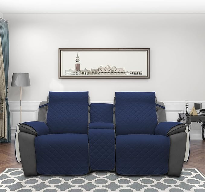 Easy-Going Loveseat Recliner Cover with Console, Reversible Couch Cover for Living Room, Split Sofa Cover for Each Seat with Elastic Straps for Kids, Dogs, Pets(2 Seater, Navy/Ivory)