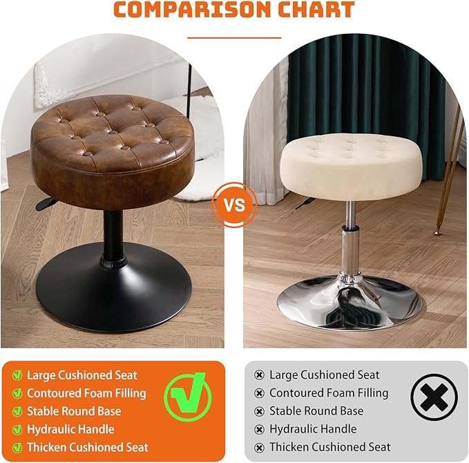 Furniliving Faux Leather Makeup Vanity Stool, Mid-Century Tufted Adjustable Swivel Ottoman Stool Modern Big Size Round Accent Chair for Living Room Bedroom Bathroom, YellowBrown