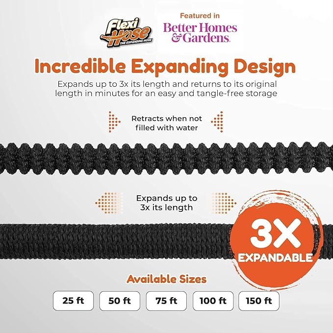 Flexi Hose Plus Expandable Garden Hose with 8 Function Nozzle, 25FT - Lightweight Retractable Garden Hose, Water Hose - No-Kink Flexibility, 3/4 Inch Solid Brass Fittings Includes Hook & Bag