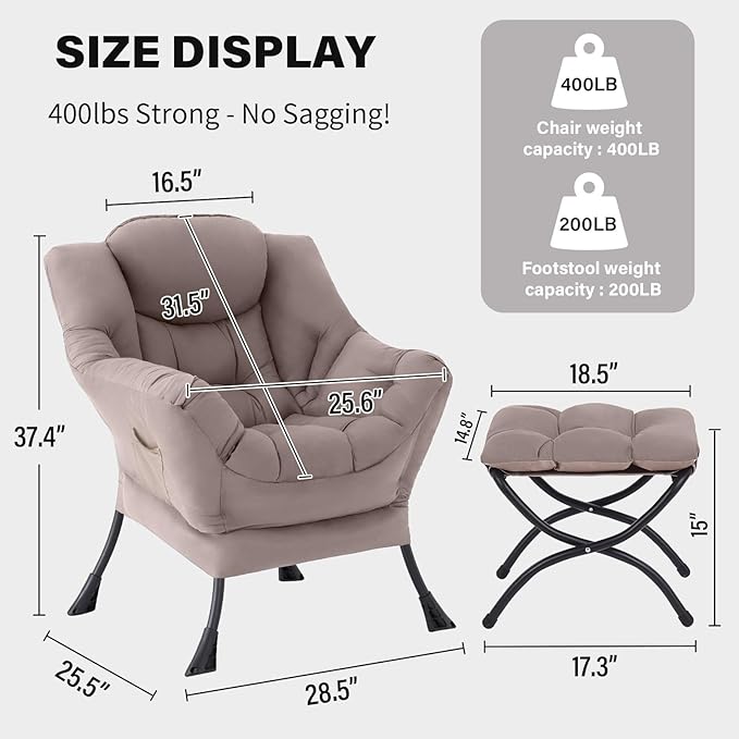 Tiita Lazy Chair with Ottoman, Khaki Modern Large Accent Chair, Comfy Leisure Sofa Armchair with Ottoman, Reading Chair with Footrest for Bedroom, Living Room, Dorm Rooms, Khaki