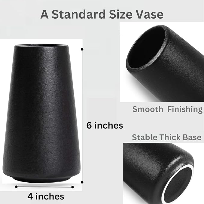 Quality Ceramic Flower Vase - 6 Inches Tall, Black, Pampas Vase for Farmhouse, Modern, Bohemian Home Decor