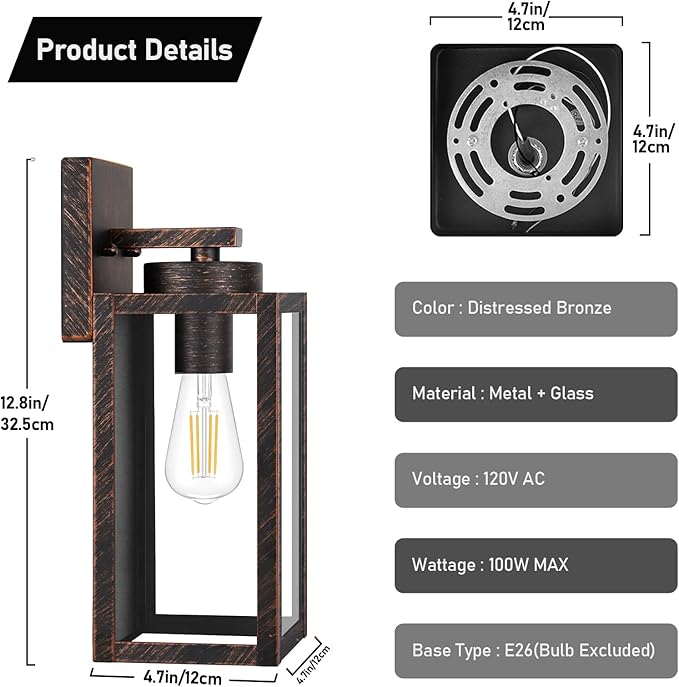 BesLowe 2-Pack Outdoor Wall Light Fixtures, Exterior Waterproof Wall Lanterns, Porch Sconces Wall Mounted Lighting with E26 Sockets & Glass Shades, Modern Wall Lamps for Patio Front Door, Brown