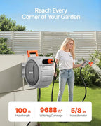 VEVOR Retractable Garden Hose Reel, 5/8 Inch x 100 ft Wall Mounted Hose Reel, Heavy Duty Garden Hose Reel with 9 Patterns Nozzle, Any Length Lock, Upgraded Slow Return System and 180°Swivel Bracket
