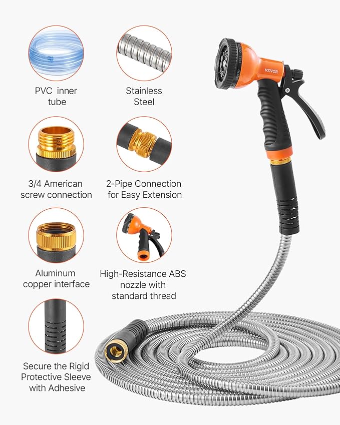 VEVOR Garden Hose Metal 100FT – Heavy Duty Stainless Steel Water Hose, Flexible, No Kink & Tangle, Puncture Resistant & Rust Proof, Lightweight w/ 10-Function Spray Nozzle for Yard, Outdoor, Gardening
