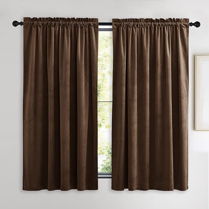 NICETOWN Thermal Insulated Brown Velvet Curtains, Sound Reducing Heavy Matt Solid Room Darkening Drapes/Panels for Holiday (2 Panel Per Pack, 63 inches Long)