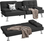 Shahoo Modern Linen Upholstered Convertible Folding Futon Sofa Bed with Removable Armrests, Metal Legs, 2 Cup Holders for Living Room, Black