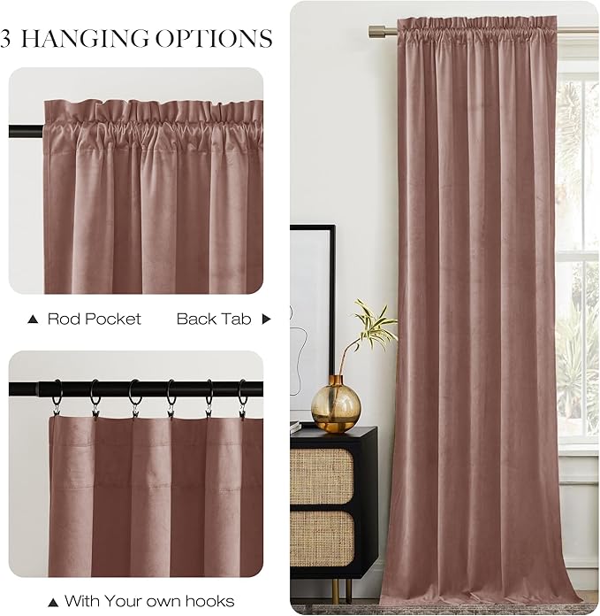 NICETOWN Dusty Pink Velvet Curtains for Backdrops, 120" Long Thermal Insulated Room Darkening Drapes for Film, Extra Long Window Treatments for Large Sliding Door(2 Panels, 52 x 120)