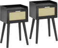 LAATOOREE Nightstand Set of 2, Small Black Bedside Table, End Table with Rattan Door, Boho Side Table with Solid Wood Legs for Bedroom Living Room Small Space