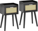 LAATOOREE Nightstand Set of 2, Small Black Bedside Table, End Table with Rattan Door, Boho Side Table with Solid Wood Legs for Bedroom Living Room Small Space