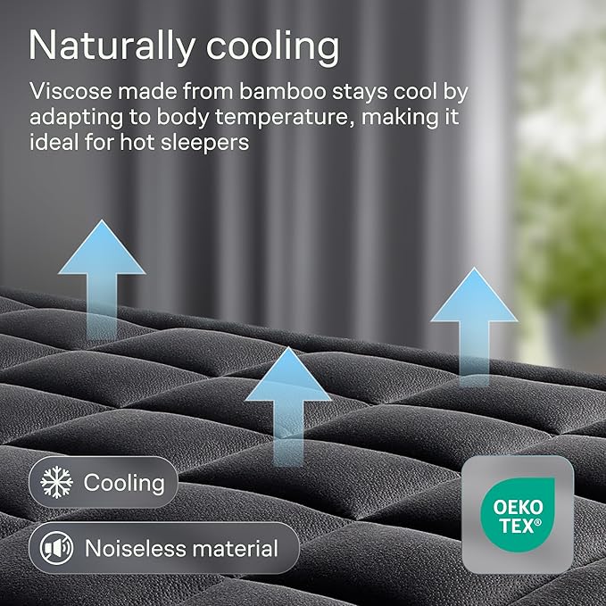 Ultra Soft California King Size Mattress Topper - Viscose Made from Bamboo Pillow Top Mattress Pad for Back Pain Relief - Naturally Cooling for Hot Sleepers, Black