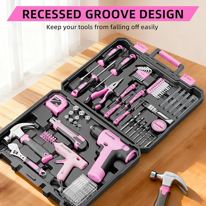 Pink Tool Set Drill Set, 188PCS Tool Kit For Home with Pink Cordless Drill Power, Hand Tool Kit for Women, Basic Household Auto Car Repair Tool Box for Men, Portable Storage Box Tools Sets