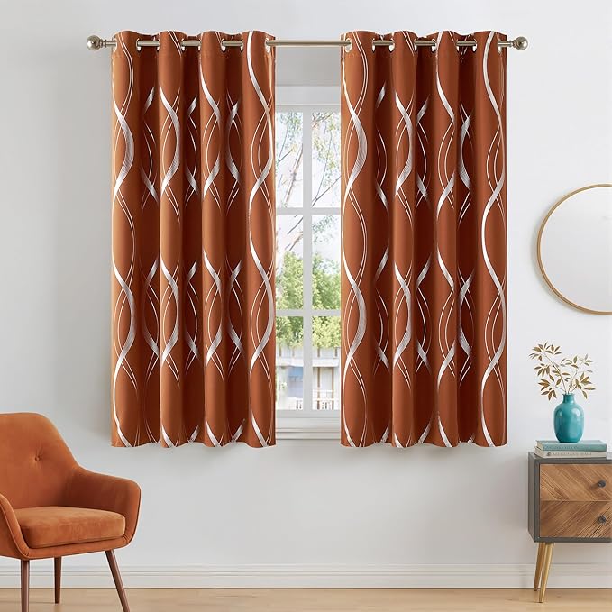 NICETOWN Fall Burnt Orange Blackout Curtain Panels for Living Room, W52 x L72 inch, Soundproof Heat Blocking Wave Line Foil Print Design Window Treatments for Small Cafe, 2 Panels