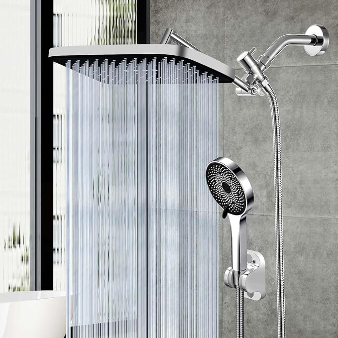 Shower Head,14" High Pressure Shower Combo,Rainfall Shower System with Handheld Spray,All Metal 3-Way Diverter & 6ft Hose,Anti-Clog Nozzles,Easy to Install in Bathrooms-Chrome