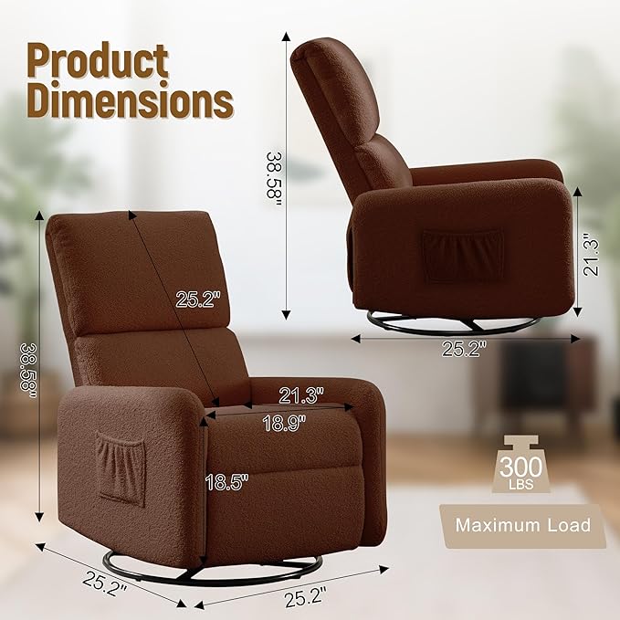 360° Rocking Chair, Nursery Rocker Chair with Side Pockets, Glider Nursing Chair with Steel Structure Base, Small Chair for Small Spaces, Sherpa Swivel Accent Chairs for Living Room, Nursing