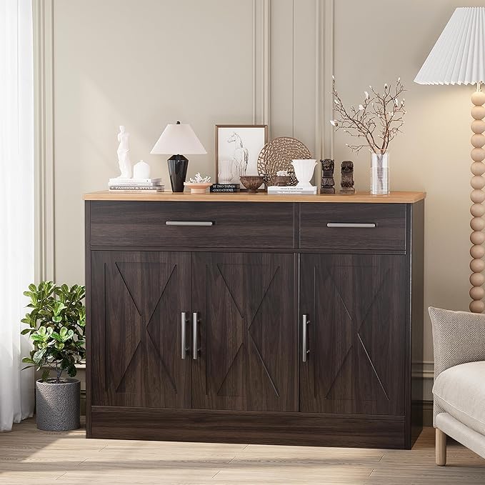 Shintenchi Modern Farmhouse Sideboard Buffet Cabinet,Barn Doors Buffet Cabinet with 2 Drawers & 3 Doors,Wood Coffee Bar Cabinet with Adjustable Shelf for Kitchen Living Room,Brown