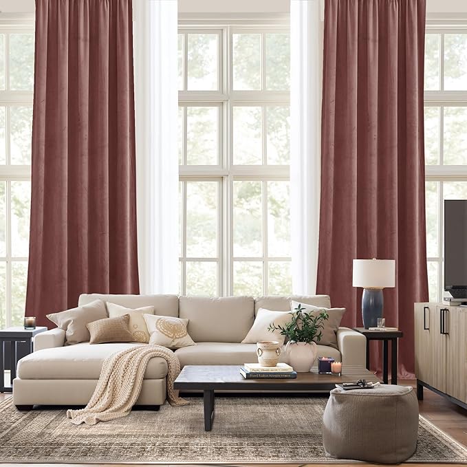 NICETOWN Wild Rose Velvet Curtains, Rod Pocket Velvet Drapes, Media Movie Theater Room Decor for Living Room, Super Soft Luxury Velvet Room Darkening Drapes for Home Decor (1 Pair, W52 x L84 inches)