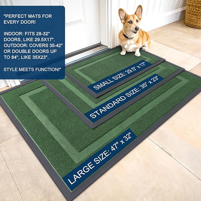 OLANLY Front Door Mat Indoor Outdoor Entrance, Waterproof All-Season, All-Weather Doormat, Sturdy Natural Rubber, Fade Resistant, Low Profile, Easy Clean Patio Porch Entryway Mat, 33x21, Green