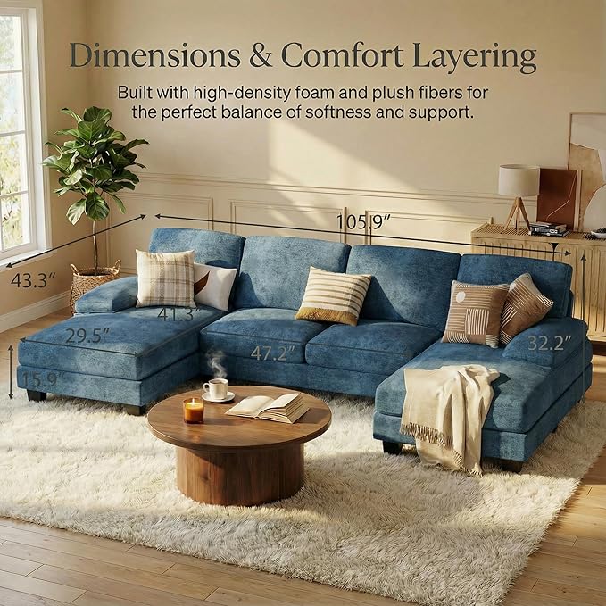 Homall Sectional U Shaped Sofa Couches for Living Room, Comfy Chenille 4 Seat Sofa Set with Removable Pillows, Lounge Chaise Upholstered Couch for for Apartment (Chenille, Light Blue)
