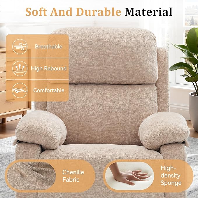 Recliner Chair, 360 Swivel Rocker Chair for Adults, Small Rocking Recliner Chair for Small Spaces, Upholstered Chenille Fabric Glider Recliner Nursery Chair with Side Pockets for Living Room