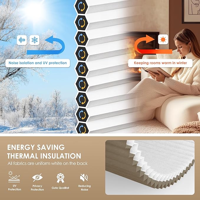 LazBlinds No Tools No Drill Cordless Cellular Shades, Light Filtering Honeycomb Shades for Home, Thermal Insulation Blinds for Windows, 47" W x 48" H, Taupe