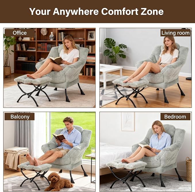 Welnow Lazy Chair with Ottoman, Modern Accent Chair with Armrests and a Side Pocket, Leisure Sofa Armchair, Reading Armchair with Footrest for Small Space, Plush Green