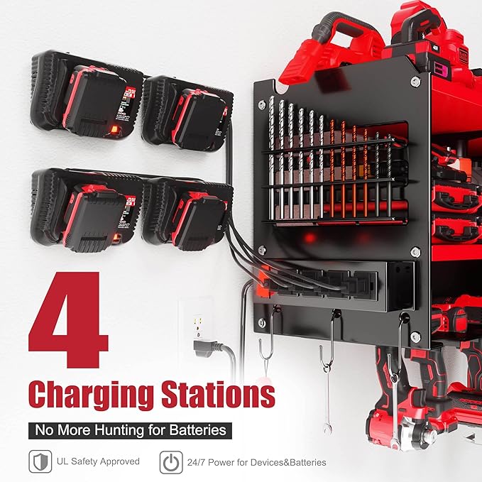 Power Tool Organizer Wall Mount with 4-Outlet Power Strip, Heavy Duty Metal Storage Rack for Garage, Holds 6 Drills & Batteries - Ideal Christmas Gifts for Men, Dad, Husband from Wife