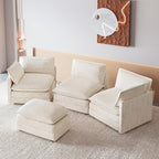 ROWHY 112'' Oversized Modular Sectional Cloud Couch with Movable Ottoman, 4 Seat Modern Corduroy Sofa, Deep Seat L Shaped Couch for Living Room Bedroom Apartment, Cream
