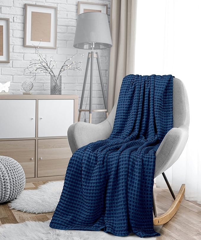 Utopia Bedding Navy 100% Cotton Waffle Blanket 300 GSM [Twin - 90x72 Inch] Soft Lightweight Breathable Bed Blanket for All Season