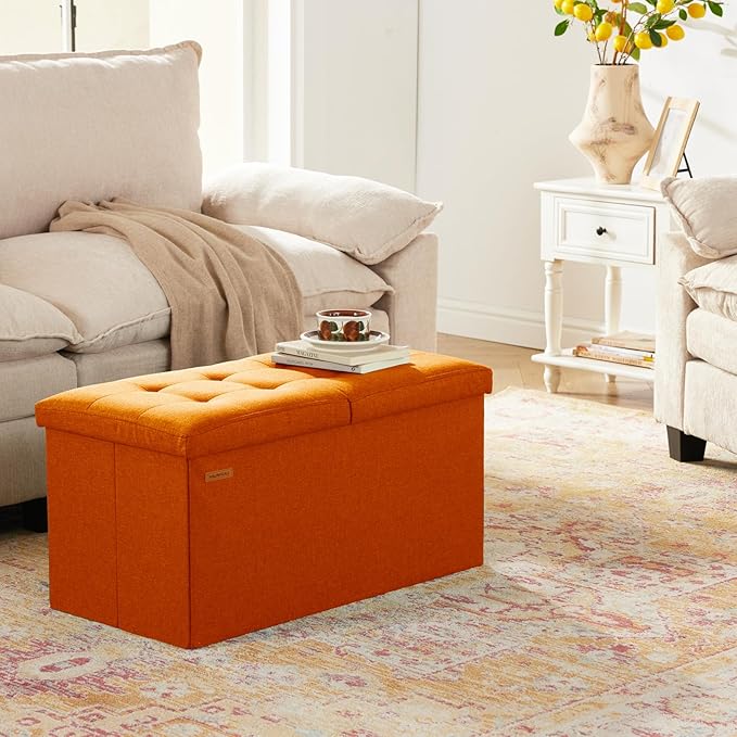 HAUSFRAU - 30 Inches Storage Ottoman Bench with Flipping Lid, Foldable Storage Chest Foot Rest for Living Room, Bedroom, Entryway, Load 660 lb, Linen Orange