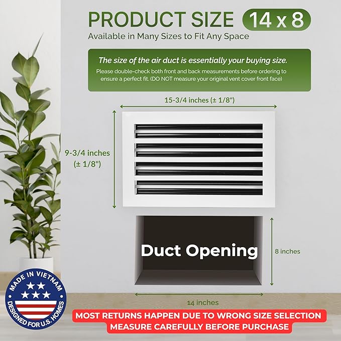 Modern Air Vent Cover 14x8 (Duct Opening) - Decorative White Aluminum Linear Slot Diffuser for Wall, Ceiling, Floor Register - Quiet Operation HVAC Grille for Home with Adjustable Airflow