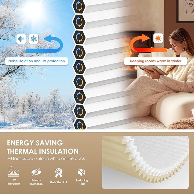 LazBlinds No Tools No Drill Cordless Cellular Shades, Light Filtering Honeycomb Shades for Home, Thermal Insulation Blinds for Windows, 22" W x 64" H, Beige