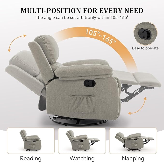 Recliner Chair, 360 Swivel Rocker Chair for Adults, Small Rocking Recliner for Small Spaces, Upholstered Fabric Glider Recliner Nursery (Swivel Rocker Recliner, Light Khaki)