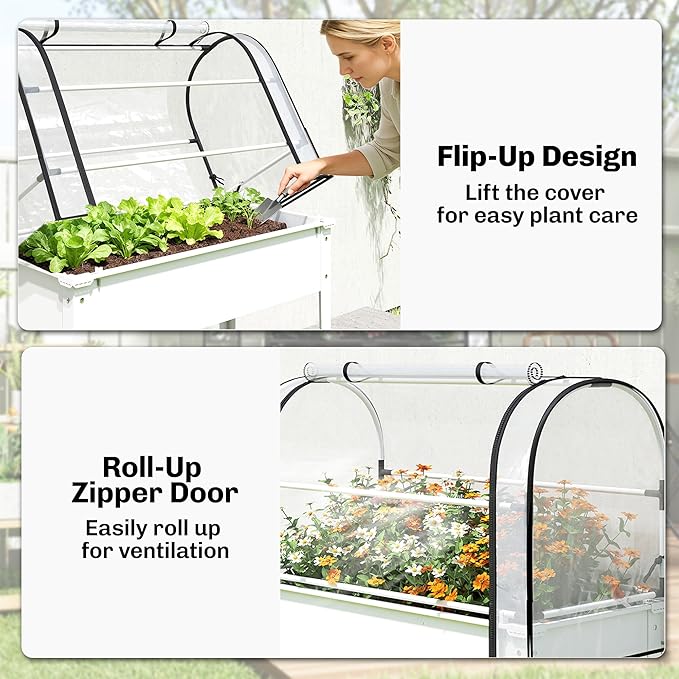 Outsunny Raised Garden Bed with Flip-Up Greenhouse Cover, Metal Elevated Garden Bed with Legs and Drainage Hole, Outdoor Raised Planter Box for Vegetables Herbs Flowers, 39.4" x 19.3" x 53.5", White