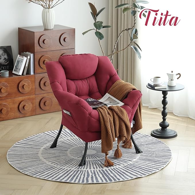 Tiita Lazy Chair, Red Modern Large Accent Armchair, Comfy Leisure Sofa Reading Chair for Bedroom, Living Room, Dorm Rooms, Garden and Courtyard, Red