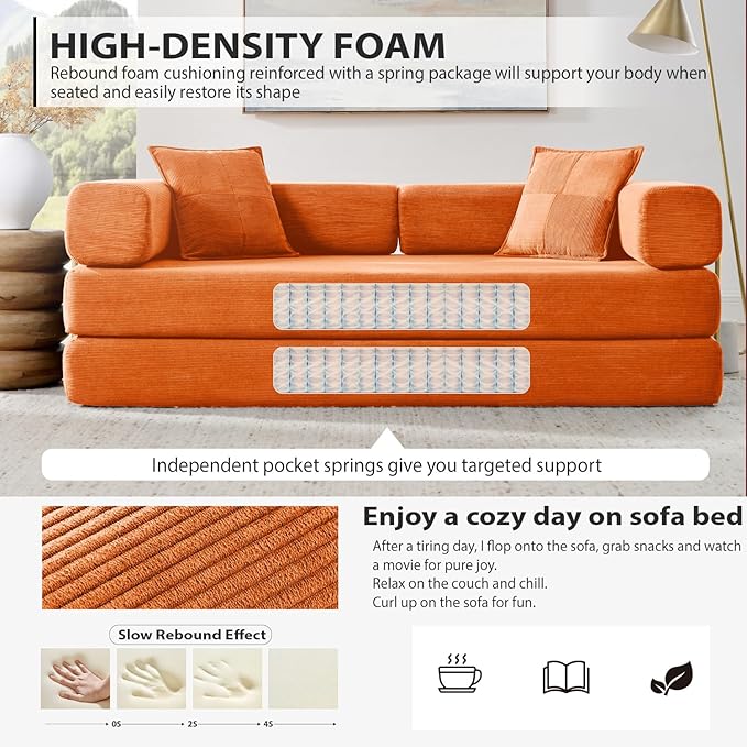 4-in-1 Folding Convertible Sofa Bed, 78 Inch Boneless Couch with Fixed-Shape Frame, Corduroy Loveseat Sleeper with Pull Out Bed, Floor Sofa Modular Futon Couch for Living Room Bedroom Lounge (Orange)