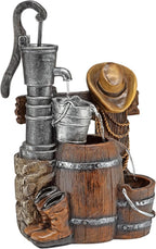 Alpine Corporation Outdoor Vintage Pump and Barrel with Cowboy Hat Fountain Yard Art Decor, 26" Tall, Brown
