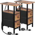 Narrow Nightstand with Charging Station, End Tables Living Room Set of 2, Skinny Side Table with Fabric Drawers, Slim Sofa Table for Bedroom, Small Spaces, Couch, Brown, HETNDP02BR
