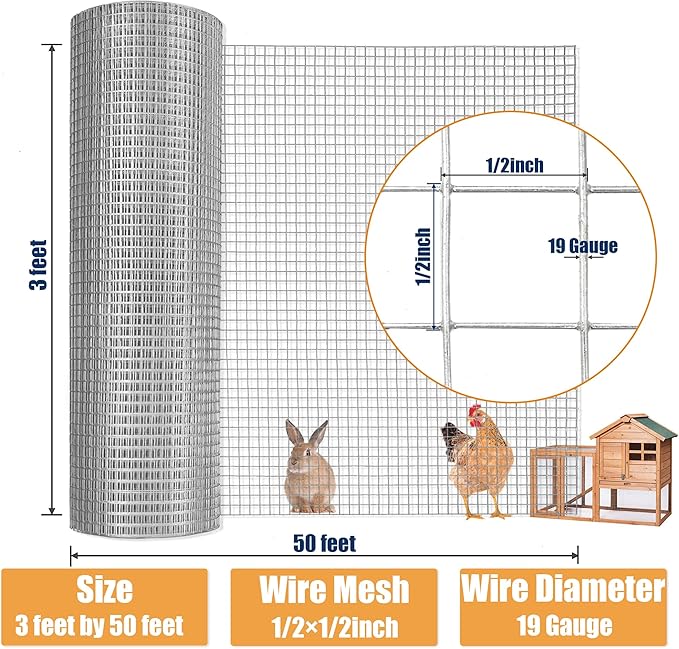 1/2inch 36Inch（H）x50Ft（L）19 Gauge Hardware Cloth Chicken Wire Fencing Hot-Dipped Galvanized Welded Chicken Wire Mesh Roll Metal Fence for Poultry Cage Home Improvement Projects