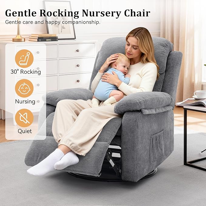 Recliner Chair, 360 Swivel Rocker Chair for Adults, Small Rocking Recliner Chair for Small Spaces, Upholstered Chenille Fabric Glider Recliner Nursery Chair with Side Pockets for Living Room