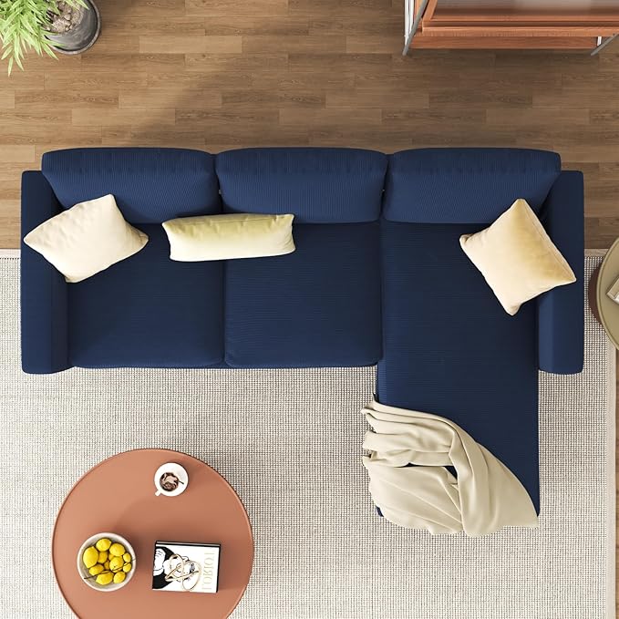 JAMFLY 3-Seat Convertible L-Shaped Sectional Sofa with Reversible Ottoman, Upholstered Fabric Couch for Small Living Rooms, Modern Modular Couch for Apartment, Studio & Loft, Blue