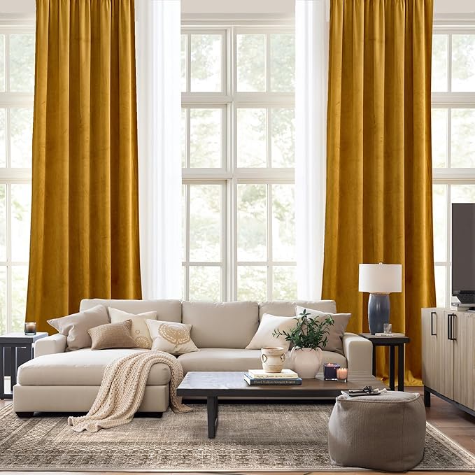 NICETOWN Mustard Gold Velvet Curtains 96 inch Long for Living Room, Office, Bedroom - Room Darkening Luxury and Warm Cat Proof Drapes, Rod Pocket Design, W52 x L96, Set of 2