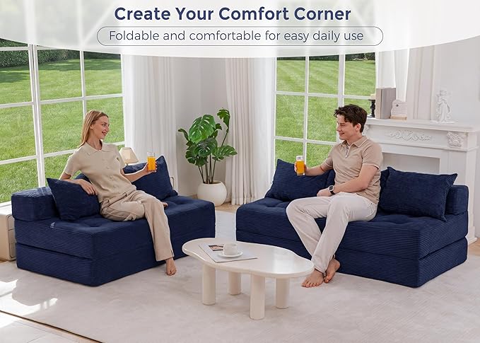 MAXYOYO Folding Sofa Couch, Convertible Floor Sleeper Couch with 2 Pillows, Tufted Floor Loveseat Couch Tufted Fold Out Chair Bed Comfy Sofa Lounge for Living Room Bedroom, Navy